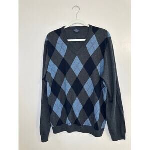Brooks Brothers Blue Argyle 100% Merino Wool V Neck Dark Academia Sweater Large